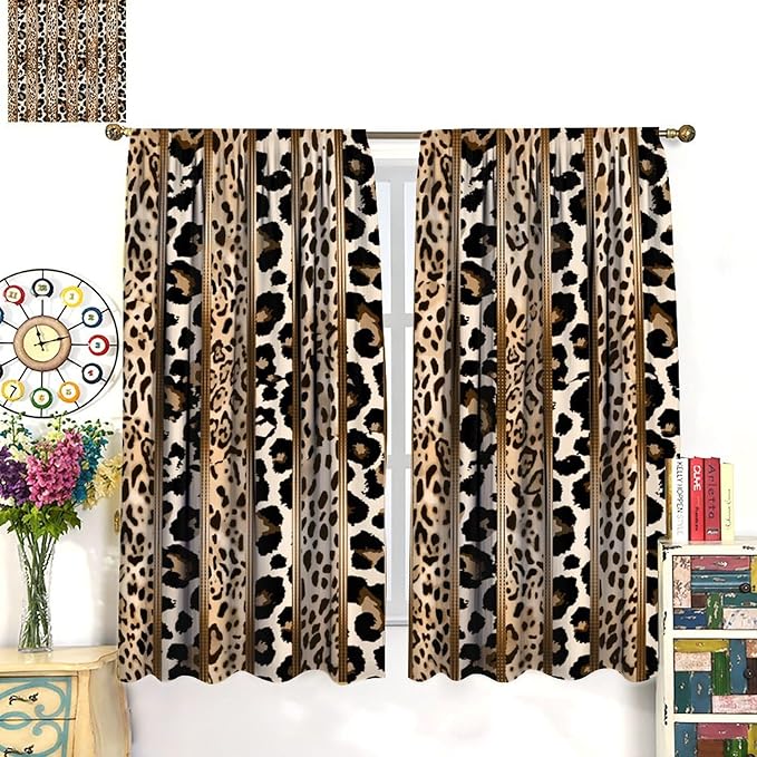 Leopard Curtains, Cheetah Wild Animal Geometric Stripe Wildlife Theme Window Drapes for Bedroom Living Room 55" W X 63" L