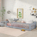Bellemave Twin Size Floor Bed Frame with Fence and Door for Kids, Montessori Floor Bed with Slats and Safety Guardrails,Solid Wood Twin Bed Frame for Girls Boys,Grey
