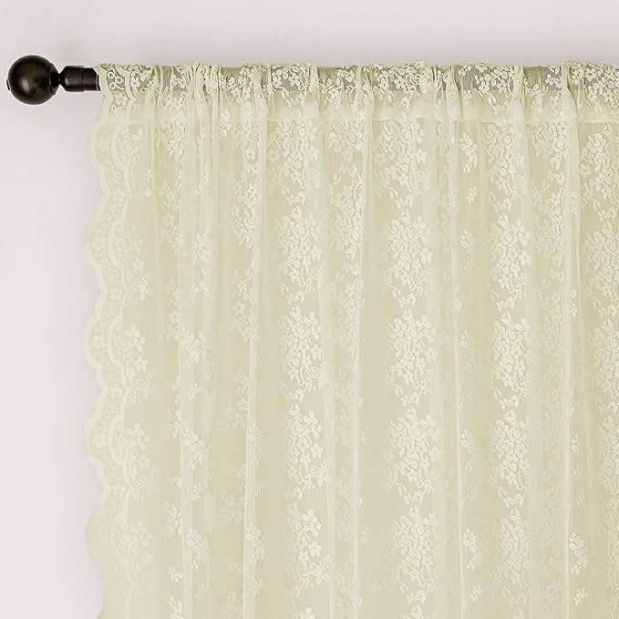 Anmao Vintage Lace Curtains 84 Inches Long 2 Panels Set, Romantic Elegant Light Filtering Semi Sheer Floral Thick Lacy Curtain Drapes for Living Room and Bedroom, Each Panel 55W x 84L, Cream Yellow