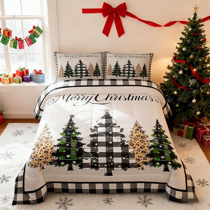Merry Christmas Kids Comforter Set King Size,Leopard Plaids Pines Trees Bedding,Girls Boys Adults Bedroom/Xmas Cabin Decor,Geometric Grids Retro Down Comforter,Rustic Duvet Insert,2 Pillowcases
