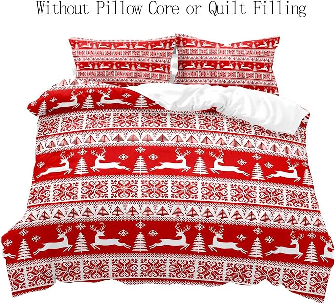LUVIVIHOME 3PCS Christmas Duvet Cover Queen Bedding Sets, Red Duvet Cover, White Reindeer Snowflake Christmas Tree Winter Holiday New Year Xmas Striped Comforter Quilt, 2 Pillow Shams