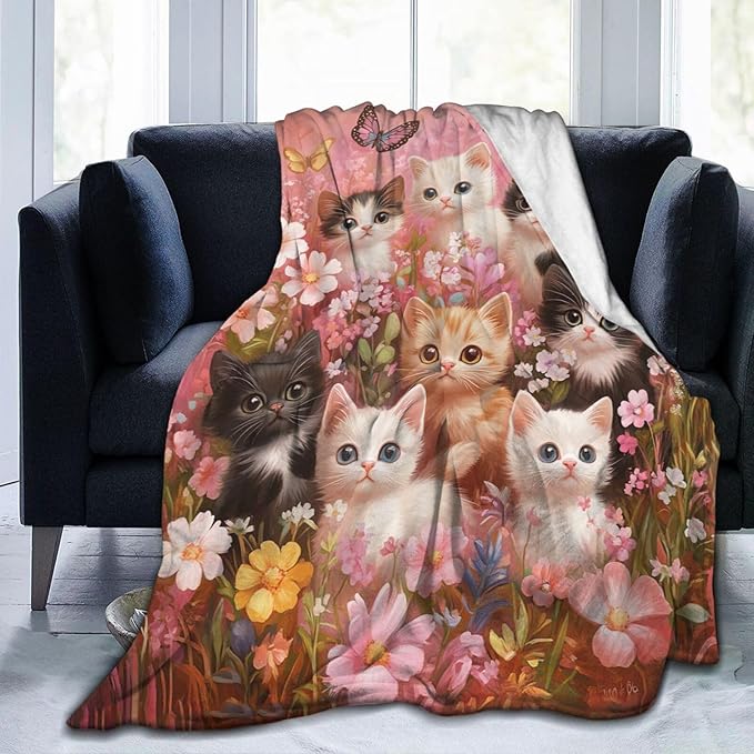 Pink Cat Blanket Funny Cats Throws Pet Animal Print Plush Fuzzy Fleece Blankets Gifts for Girls Boys Super Soft Warm Cozy Butterfly Flower Stuffed for Kids Men Women Bed Sofa Bedding 60"x50"