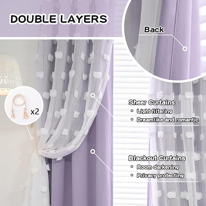 MYSKY HOME Lilac Curtains for Girls Bedroom Kids Curtain 54 Inches Length White Pom Pom Sheer Small Window Curtains 2 Panels Double Layer Curtains Grommet Room Darkening Nursery Curtains, W52 X L54