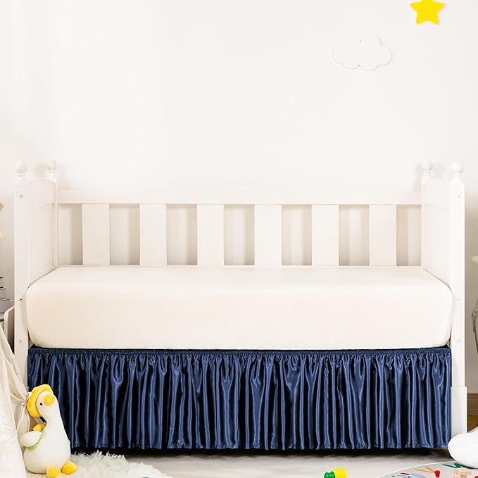 Navy Satin Crib Bed Skirt, 52" x 28" with 14" Drop Silky Soft Baby Crib Skirt for Baby Girls or Boys, Fit for Standard Crib & Toddler Bedding