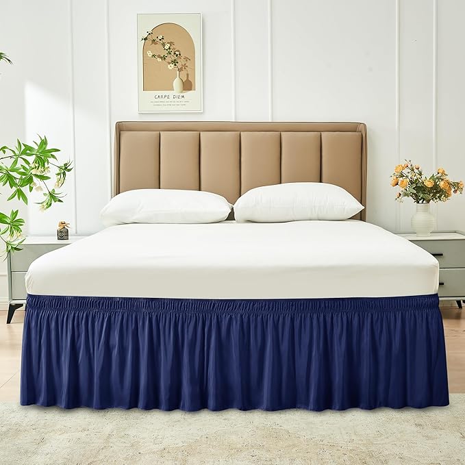 Biscaynebay Wrap Around Bed Skirts for Queen Beds 19" Long Drop, Navy Adjustable Elastic Dust Ruffles Easy Fit Wrinkle & Fade Resistant Silky Luxurious Fabric Solid Machine Washable
