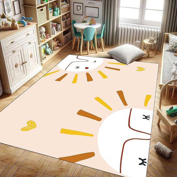Children's Rug Living Room Plush Area Rugs Educational Rugs Soft Washable Non-Slip Rugs Simple Cute Sun and Love Prints Kids Room Nursery Decor Pink Rugs 2x4ft