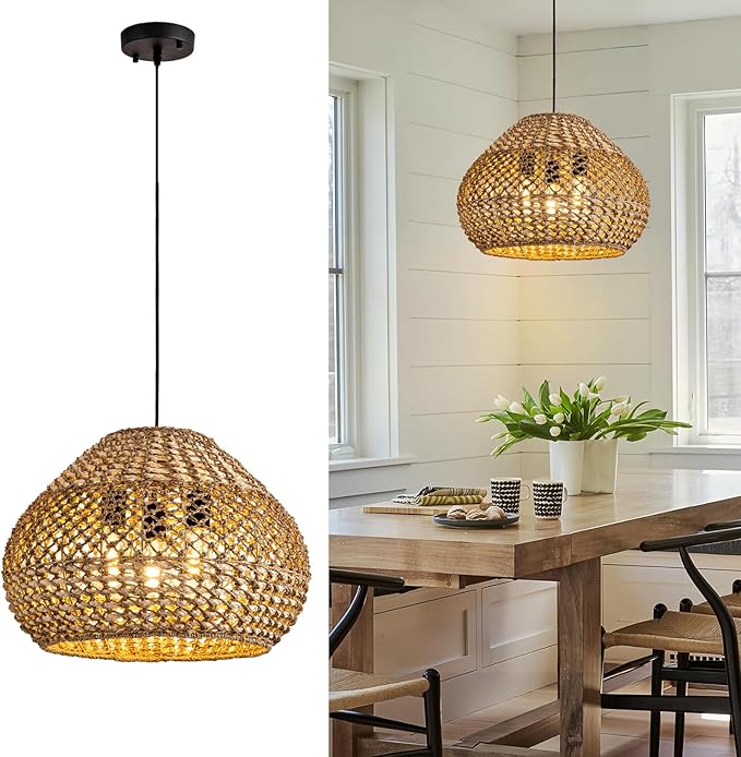 19 Inch Rattan Chandelier Large, 3-Light Round Farmhouse Rattan Chandelier Dome Light Fixtures Ceiling for Living Room Dining Room Bedroom Kitchen Island Restaurant