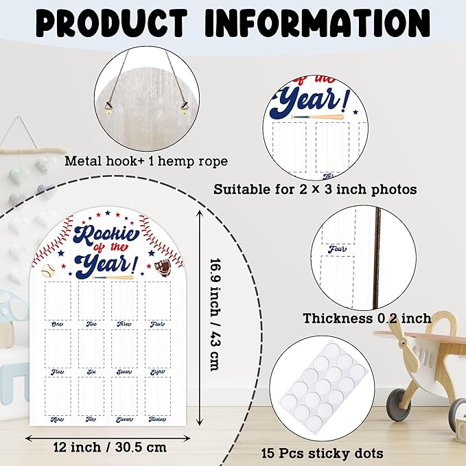 Baseball My First Year Photo Board, Rookie Of The Year Baby Milestone Signs for Boys Girls Nursery Decor, 12 Month Wooden Picture Board for 2x3 Photos, Best Babies Keepsake Gifts-A09