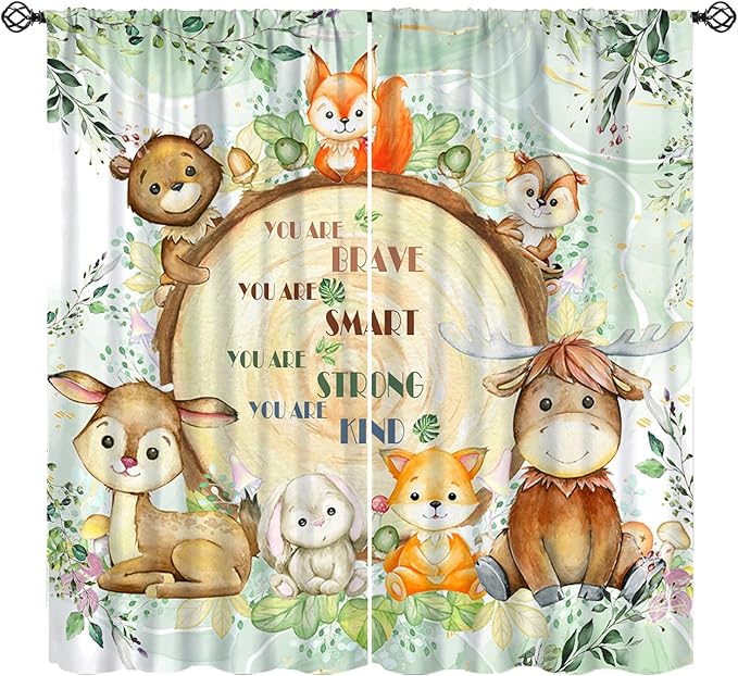 Kids Safari Animal Curtains Cute Watercolor Wildlife Jungle Window Treatments for Boys Girls Bedroom Inspirational Motivational Quotes Nursery Children Drapes for Living Room W42xL63(Decor)
