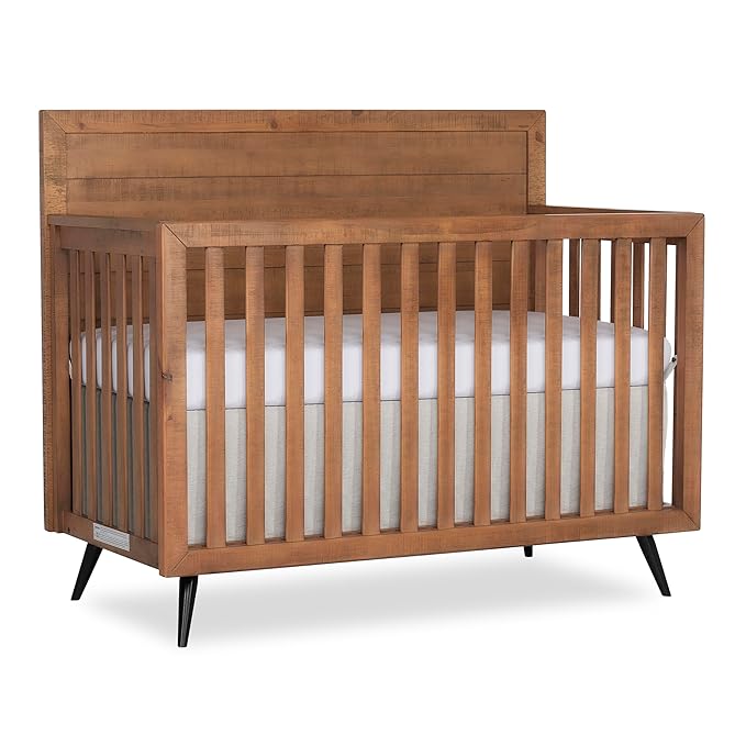 Evolur Stilnovo Mid Century 4-in-1 Convertible Crib in Sugarcane, Greenguard Gold Certified, 3 Mattress Height Settings, Modern Nursery, Wooden Furniture