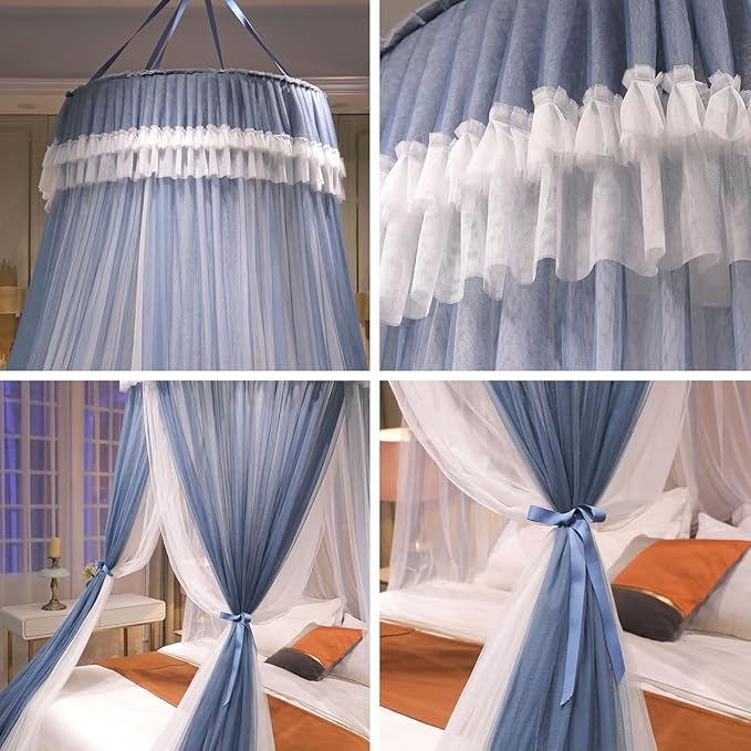 AIKASY Girls and Adults Canopy Bed, Elegant Double-Layer Bed Curtain, Children's Dream Round Lace Mosquito Net, Princess Canopy Net - Fits Twin, Full, Queen, and King Beds (White/Blue)