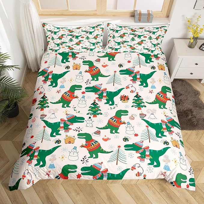 Christmas Bedding Set for Kids Boys Girls Cartoon Dinosaur Christmas Tree Comforter Cover Set Snowman New Year Duvet Cover Bedroom Decor Xmas Theme Bedspread Cover Twin Size Bedding Collection 2Pcs