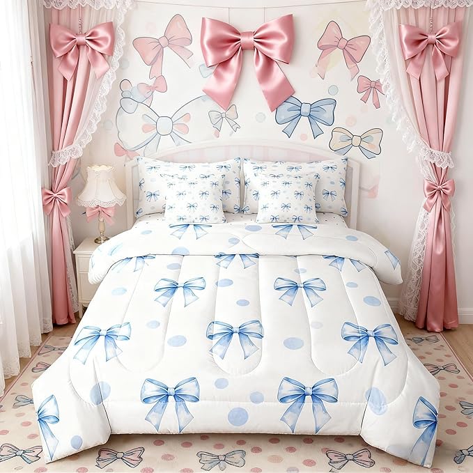 7 Pieces Blue Bowknot Kids Comforter Twin Size,Geometric Dots Bow Tie Patchwork Romantic Bedding Set,Bow Knot Princess Cute White Chic（Comforter+Fitted+Flat+2 Pillowcases+2 Throw Pillow Covers）