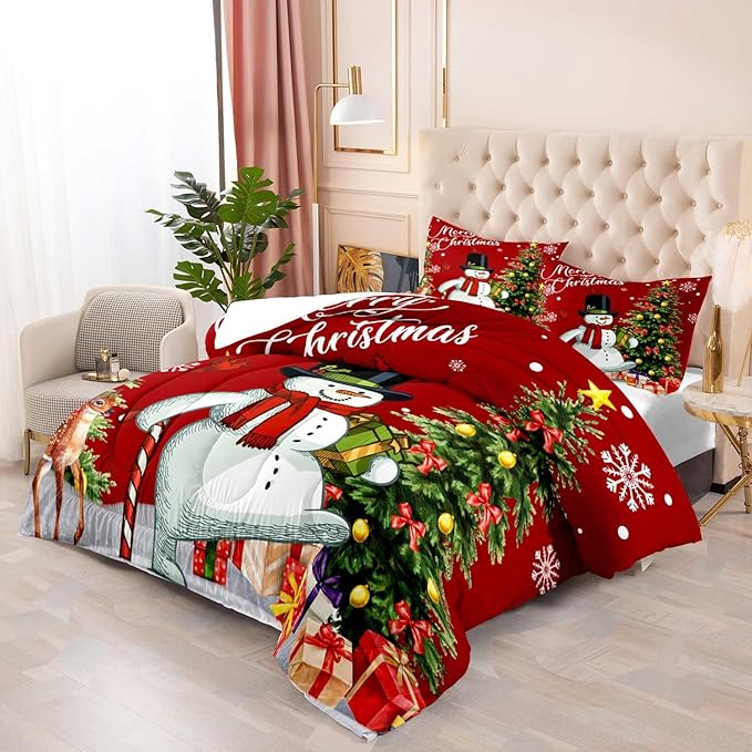 LUVIVIHOME 3PCS Merry Christmas Comforter Set King Size, Boys Girls Kids Bedding, Cartoon Funny Cute Snowman Deer Elk Cardinal Snowflake Xmas Tree Christmas Bedroom Decor, Red Quilt, 2 Pillow Shams