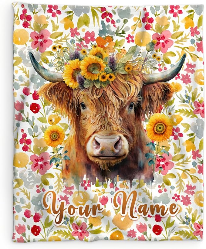 Custom Highland Cow Blanket Gifts with Name - 80x60 Inches Vintage Throw Blanket for Women, Girls - Colorful Soft Fuzzy Blankets for Bed, Couch Sofa - Gift for Mom Daughter Grandma