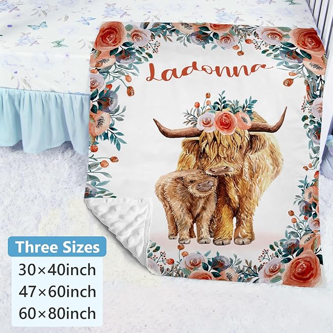 Personalized Baby Crib Bedding Set, Custom Name Blanket with Dotted Backing, 5 Piece Custom Gift Highland Cow Crib Bed Set for Baby Infant Shower Birthday, Floral Crib Bedding Gifts Style08