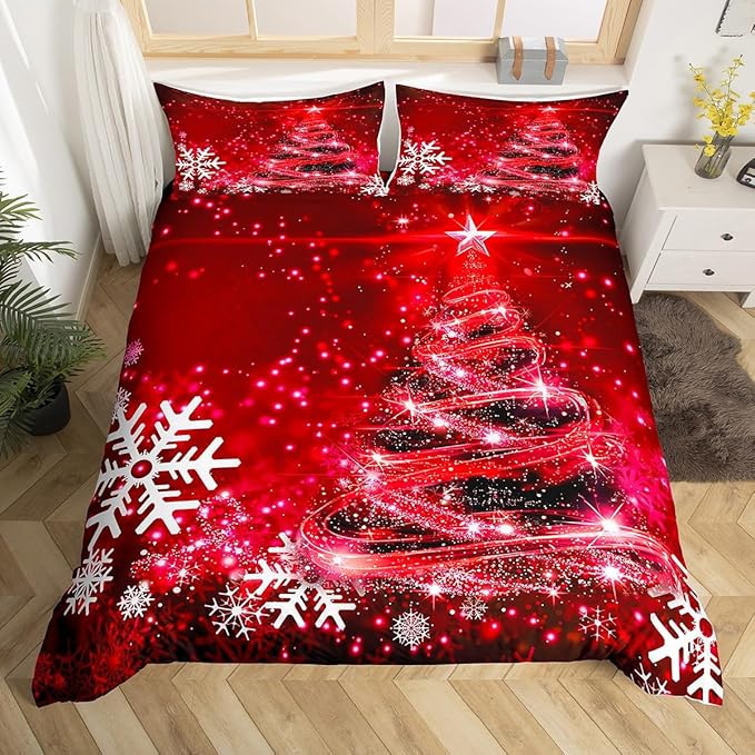 Manfei Red Xmas Tree Duvet Cover Set Queen Size, White Snowflake Print Bedding Set 3pcs for Kids Boys Girls Bedroom Decor, Christmas Theme Comforter Cover with 2 Pillowcases,No Comforter