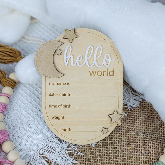 Baby Announcement Sign Star, 6.5 Inch Wooden Hello World Newborn Welcome Sign Birth Name Plaques for Photo Props Baby Shower Hospital Nursery (A62)