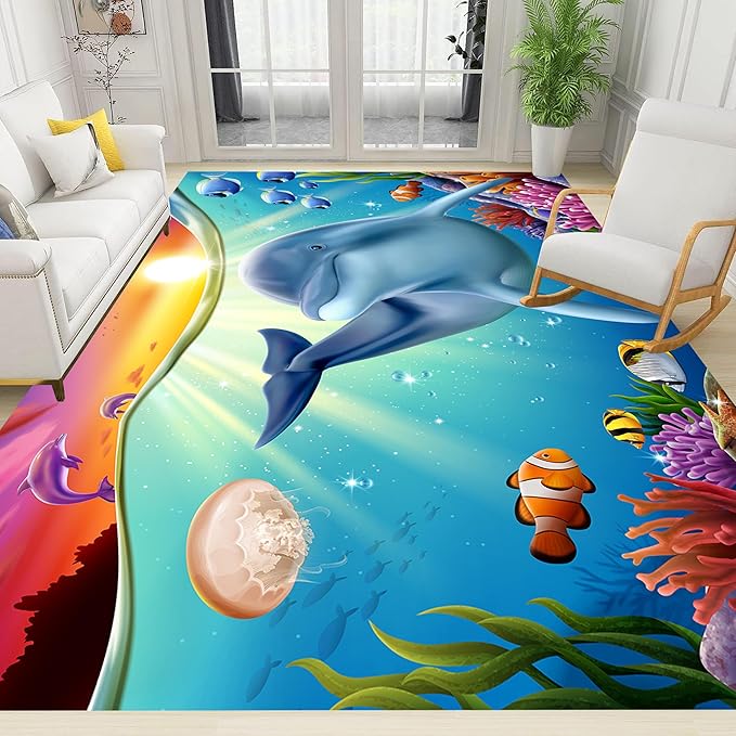 Blue Dolphin Area Rug for Bedroom, 5x6ft, Undersea Ocean Animal Print Indoor Carpet, Beach Tropical Fish Home Decor Playing Mat, Low Pile Breathable Non Shedding Rugs for Kids Room