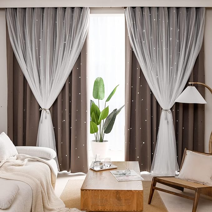 Kinryb Kids Blackout Curtains for Bedroom/Living Room/Classroom, Sheer Overlay Extra Long 2 Panel Set, Double Layer Curtains with Star Cutout for Kids Room(W 52 x L 108 Inches,Coffe 2 Pcs)
