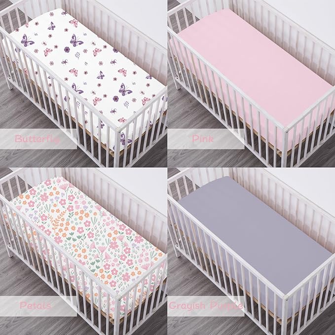 Little Grape Land Mini Crib Sheets for Girls 4 Pack, Fitted Mini Crib Sheets 26x38x5 for Pack and Play/Playard Mattress, Ultra Soft Brushed Microfiber, All-Around Elastic, Butterfly/Floral/Pink/Purple