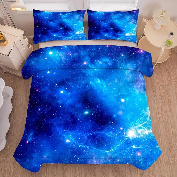 kxry Blue Galaxy Space Comforter Set King Size Outer Space Starry Sky Universe Bedding Sets for Girls Teens Kids Soft Microfiber Lightweight Comforter Set with 1 Comforter + 2 Pillow Cases