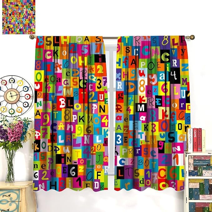 ABC Alphabet Curtains Colorful Art Patchwork Alphabet Graffiti Cartoon Print Curtain with Rod Pocket for Bedroom Living Room Home Decor Drapes Window Treatments 2 Panels Set 63" W X 63" L