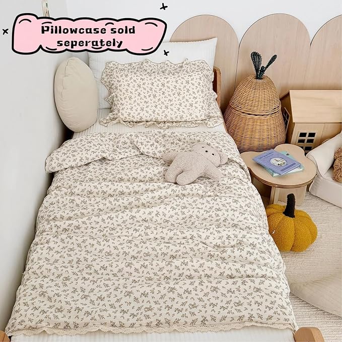 BuLuTu Cotton Muslin Toddler Girls Boys Quilted Blanket with Lace Edges, Soft Lightweight Baby Quilt, Chic Shabby Floral Crib Comforter, 47x59 Inches, Osmanthus Print, All Seasons