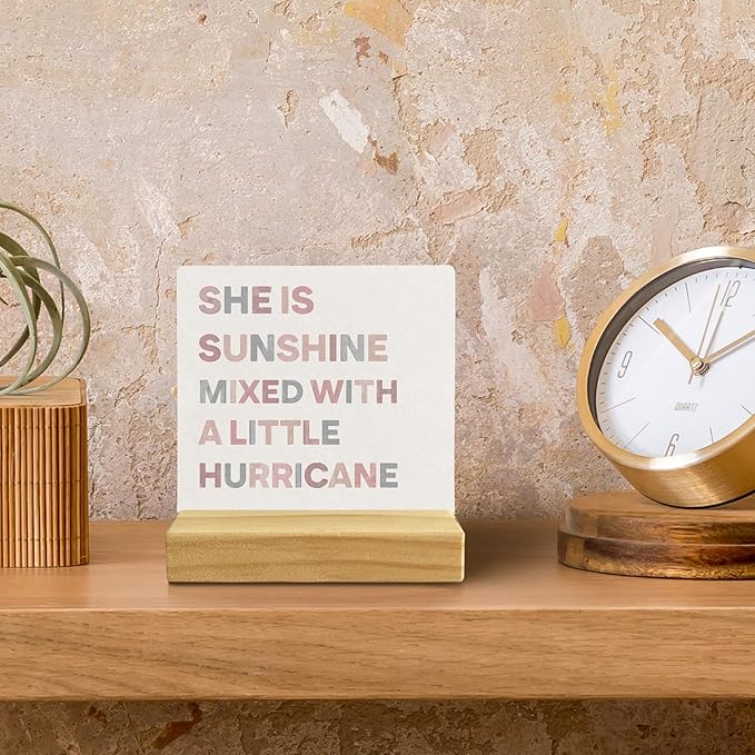 QASHWEY Boho Nursery Baby Girl Room Decor, Boho Desk Shelf Decor Wood Table Signs, She is Sunshine Mixed with a Little Hurricane Wooden Plaque with Wooden Stand for Home Nursery