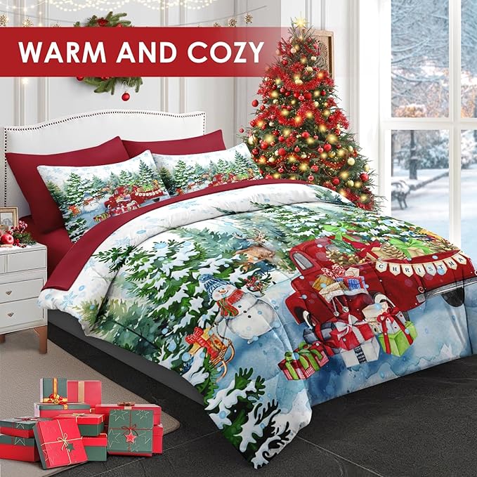 7 Pcs Full Size Christmas Comforter Set with 2 Pillowcases & 2 Shams, Red Vintage Truck Snowman Bedding for Kids and Adults, Winter Snow Forest Elk Bed in a Bag with Flat Fitted Sheet