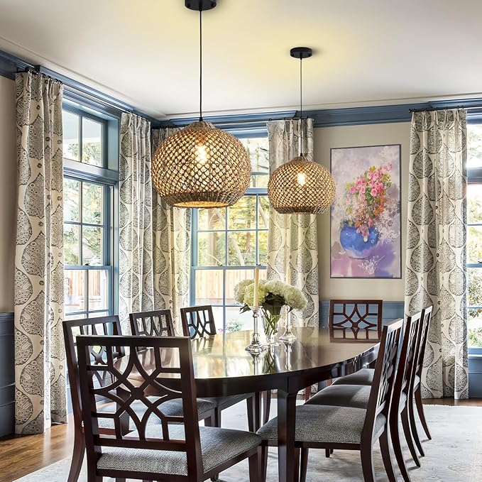 Rattan Pendant Light Fixture,13.77" Hand-Woven Water Plants Rattan Chandelier Boho Wicker Coastal Retro Ceiling Chandelier Lighting, Kitchen Island Farmhouse Dining Room Entryway Foyer1-Light