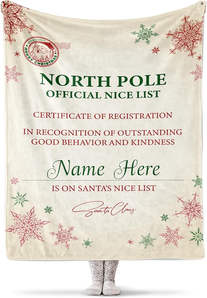 Custom Christmas Blanket, Santa’s Nice List - Ships Next Day, Printed in USA - Warm Fleece or Sherpa Sofa Throw, Cute Holiday Décor - Customizable Family Throws (Fleece 60x80)