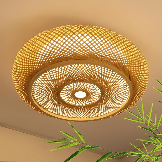 15.7 in Bamboo Woven Rattan-Style Ceiling Light, Boho Ceiling Light Fixture with Remote, LED Dimmable Ceiling Light, Boho Light Fixture for Bedroom Living Room Dining Room Light