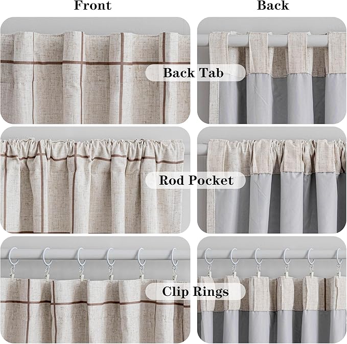 MYSKY HOME 100% Blackout Brown Plaid Linen Farmhouse Curtains 95 Inches Long for Dining Room Double Layer Thermal Insulated Striped Print Drapes with Rod Pocket Back Tab, 2 Panels, Wide 52 Inch