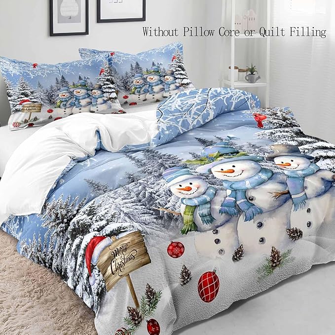 LUVIVIHOME 3PCS Snowman Duvet Cover Full Bedding Set, Boys Girls Kids Bedding, Red Cardinal Bird Santa Hat Xmas Balls Christmas Tree Winter Holiday Light Blue Christmas Comforter Cover, 2 Pillow Cases