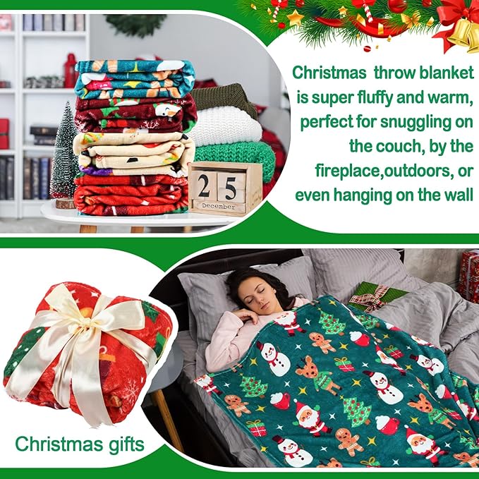 Buryeah 4 Pack Queen Size Christmas Throw Blankets Bulk for Bed Sofa Couch Snowman Gifts Santa Gingerbread Xmas Tree Soft Cozy Christmas Plush Flannel Blanket Home Decor Xmas Supplies, 60 x 80 Inches