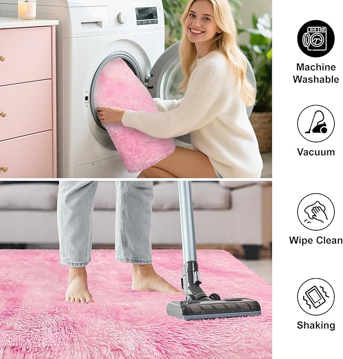 8x10 Pink Area Rugs for Bedroom Girls Room, Tie-Dyed Fluffy Pink Rug for Bedroom Living Room Big Shag Carpet, Ultra Soft Plush Thick Furry Rug Non Slip for Girls Kids Nursery Room Dorm
