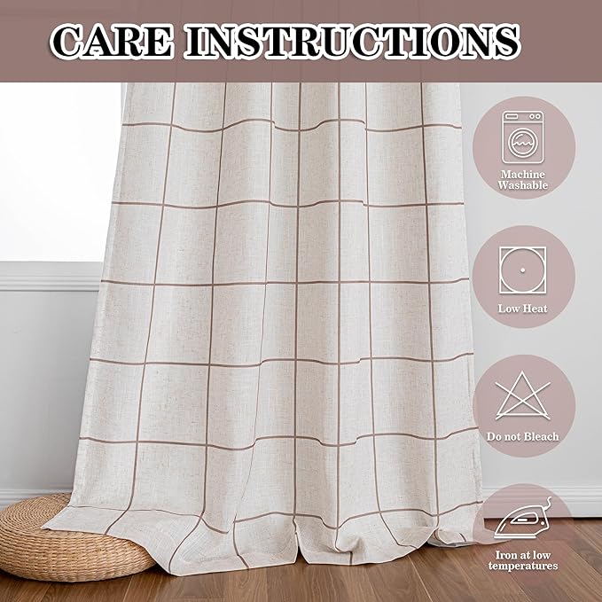 MYSKY HOME 100% Blackout Brown Plaid Linen Curtains 72 Inches Length Double Layer Farmhouse Thermal Insulated Striped Print Drapes with Rod Pocket Back Tab for Bedroom Living Room, 2 Pcs, 52" Wide