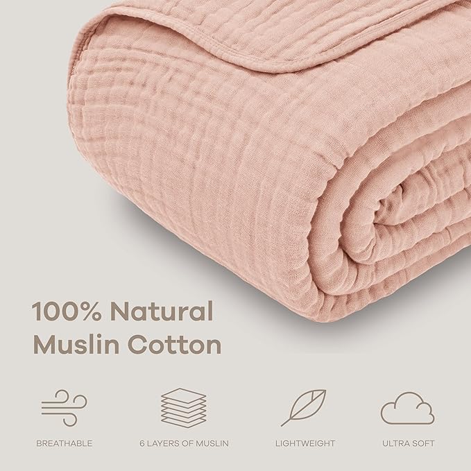 Comfy Cubs Muslin Throw Blanket - 50” x 60” Quilted Design - Lightweight, Breathable 6-Layer Gauze Fabric - Soft Cotton Blanket for Home or Travel - Packaged in Elegant Gift Box - Blush