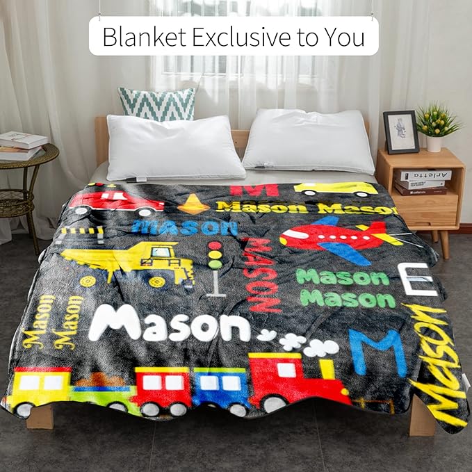 Personalized Blanket with Name for Boys, City Car Transport Custom Name Blanket, Soft Flannel Toddler Blankets Customized Gift for Newborn Baby Shower Birthday-30 x40
