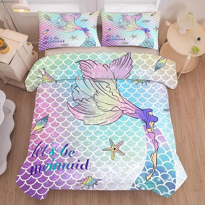 kxry Mermaid Tail Comforter Set King Size Gradient Fish Scales Sea Bedding Sets for Girls Teens Kids Ocean Starfish Conch Soft Microfiber Lightweight Comforter Set with 1 Comforter + 2 Pillow Cases
