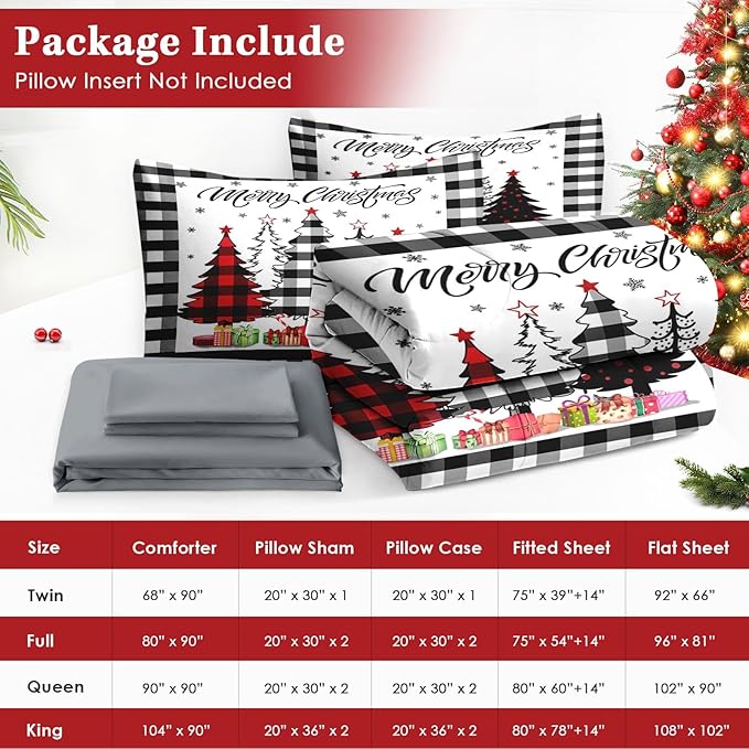 5 Pcs Twin Size Christmas Comforter Set with Pillowcase & Sham, Buffalo Check Plaid Tree Bedding for Kids and Adults, Winter Snowflake Bed in a Bag with Flat Fitted Sheet