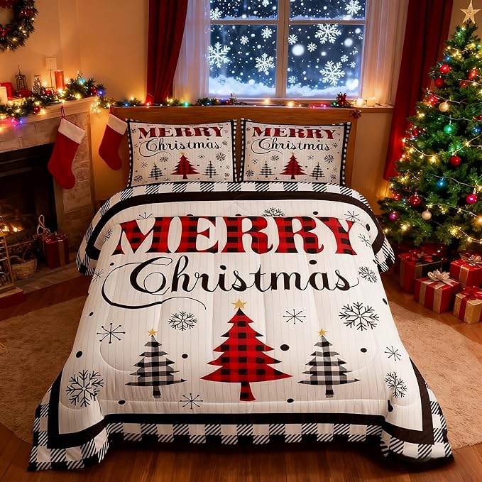 Merry Christmas New Year Kids Comforter Set King Size,Snowflake Pine Trees Bedding,Girls Boys Adults Bedroom/Xmas Cabin Decor,Grids Geometric Fashion Down Comforter,Rustic Duvet Insert,2 Pillowcases