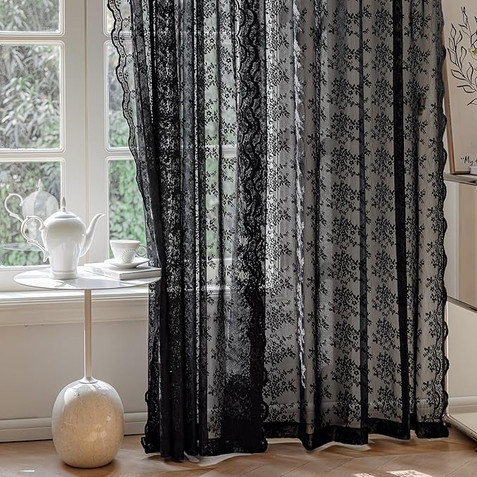 Anmao Vintage Lace Curtains 102 Inches Long 2 Panels Set, Romantic Elegant Light Filtering Semi Sheer Floral Thick Lacy Curtain Drapes for Living Room and Bedroom, Each Panel 55W x 102L, Black