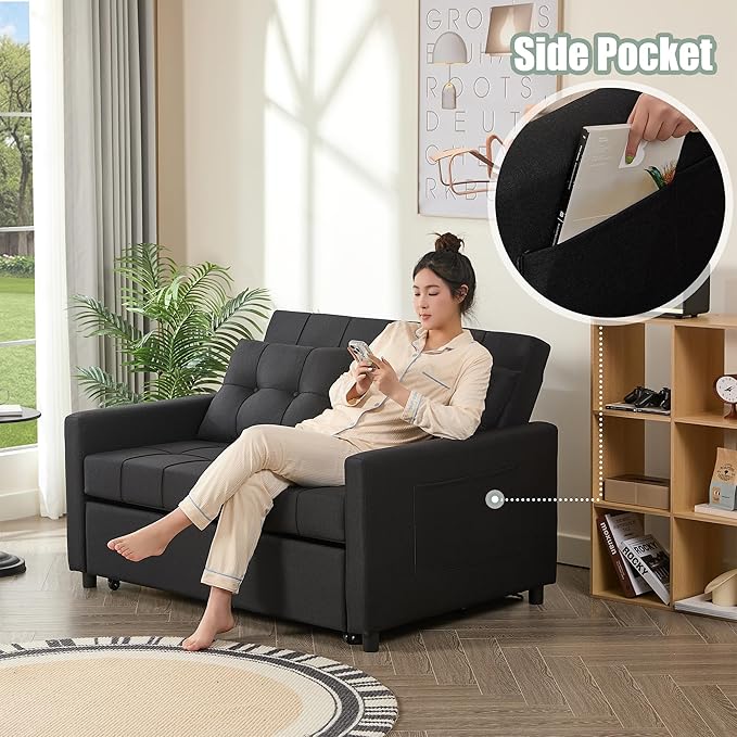 52" Sleeper Sofa with Pull-Out Bed, 3-in-1 Convertible Sofa Bed, Loveseat with Stepless Adjustable Backrest and Side Pocket, for Living Room Dorm Apartment, Linen, Black