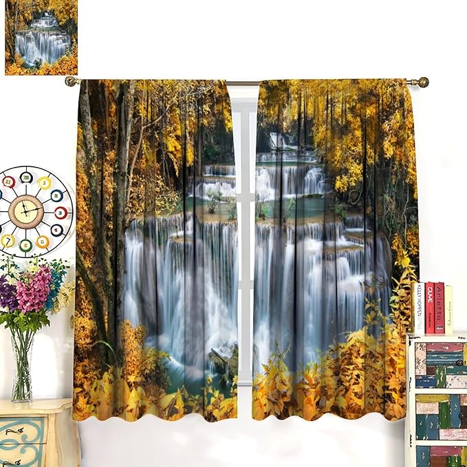 Waterfall Blackout Curtain, Autumn Season Trees Leaves Natural Landscape Window Drapes, for Bedroom Living Room 72" W X 63" L