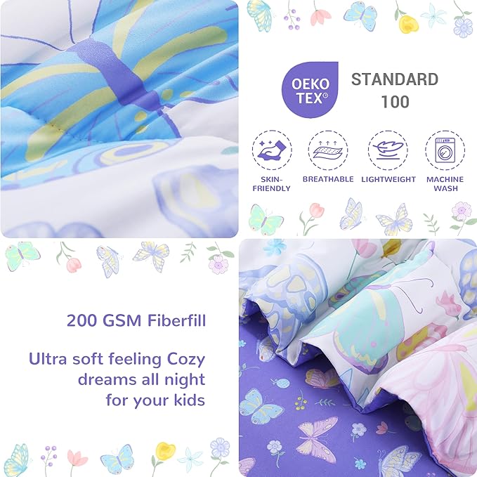Viviland Colorful Butterfly Toddler Comforter Sets, Cute Girls Toddler Bedding Set, Soft Microfiber Butterflies Toddler Bed Set