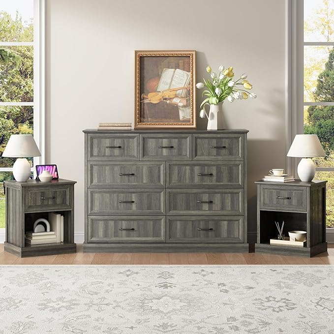 CARPETNAL Farmhouse Dresser and Nightstand Sets for Bedroom, 3 Pcs Bedroom Set, 9 Drawer Dresser & Nightstand Set of 2, Modern Wood Chest of Drawers for Bedroom, Living Room, Entryway, Grey