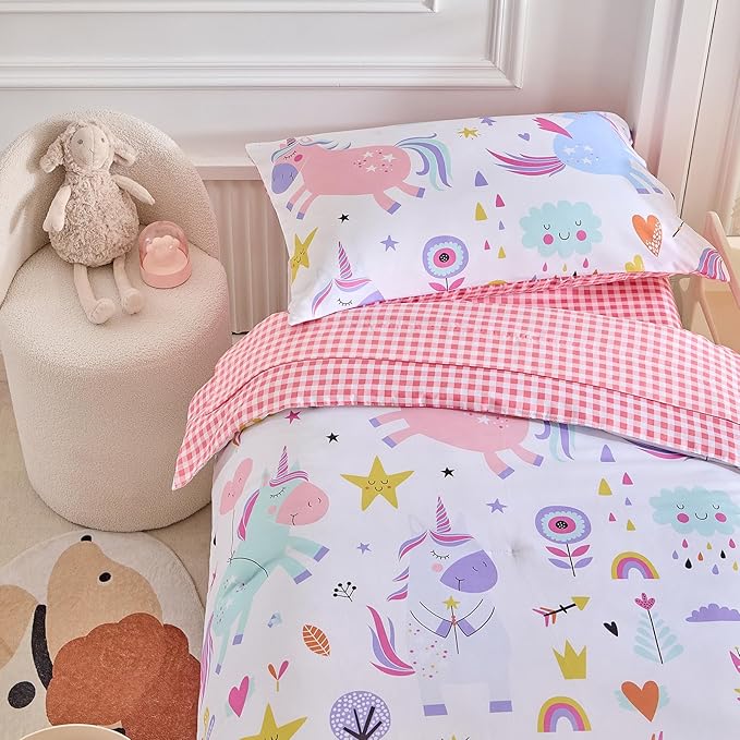Joyreap 4 Piece Toddler Bedding Set for Girls- Pink Blue Colorful Unicorns Design, Microfiber Toddler Bedding Comforter Set for All Seasons
