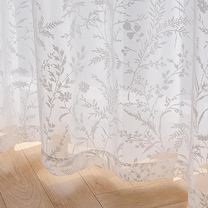 Anmao Vintage Lace Curtains 108 Inches Long 2 Panels Set, Romantic Elegant Light Filtering Semi Sheer Floral Thick Lacy Curtain Drapes for Living Room and Bedroom, Each Panel 55W x 108L, White Leaves